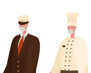 Male chef and captain with masks vector design