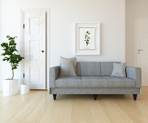 Minimalist living room interior with furniture on a wooden floor, decor on a large wall. White landscape in window. Home nordic interior. 3D illustration