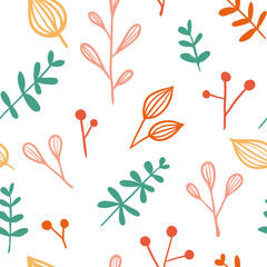 Vector semless pattern with doodle floral elements. Flower graphic design. Herbs and wild flowers. Hand drawn vector botany background for textile, wrapping paper, wall art design