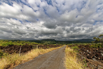 Fototapeta na wymiar A trail to the volcanoes on the way to Punalu'u black sand beach, Big Island Hawaii 