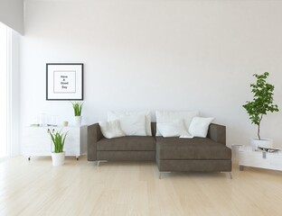 Minimalist living room interior with furniture on a wooden floor, decor on a large wall. White landscape in window. Home nordic interior. 3D illustration