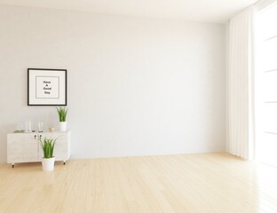 Fototapeta na wymiar Minimalist empty room interior with vases on a wooden floor, decor on a large wall, white landscape in window. Background interior. Home nordic interior. 3D illustration