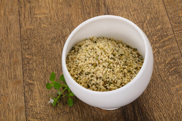 Peeled hemp seeds in the bowl