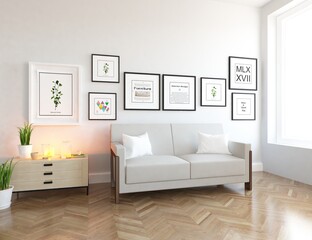 Minimalist living room interior with furniture on a wooden floor, decor on a large wall. White landscape in window. Home nordic interior. 3D illustration