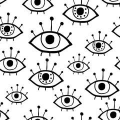 Modern seamless pattern with hand drawn eyes. Black outline vector eye doodle seamless pattern. Scandinavian design