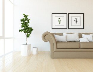 Minimalist living room interior with furniture on a wooden floor, decor on a large wall. White landscape in window. Home nordic interior. 3D illustration
