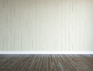 Minimalist empty room interior with vases on a wooden floor, decor on a large wall, white landscape in window. Background interior. Home nordic interior. 3D illustration