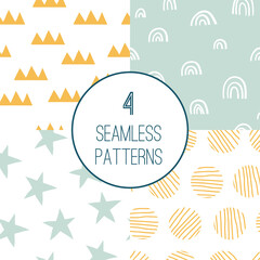 Set of 4 trendy creative seamless pattern with hand drawn abstract shapes. For printing for modern and original textile, wrapping paper, wall art design