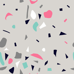 Terrazzo seamless pattern. Vector texture with pebbles and stone for wrapping paper, wallpaper,textile. Abstract mosaic collage design with colorful ceramic tile fragments. Broken glass