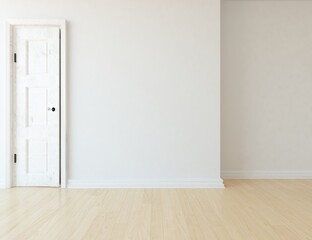 Minimalist empty room interior with vases on a wooden floor, decor on a large wall, white landscape in window. Background interior. Home nordic interior. 3D illustration