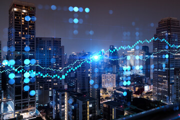 Plakat FOREX graph hologram, aerial night panoramic cityscape of Bangkok, the developed location for stock market researchers in Asia. The concept of fundamental analysis. Double exposure.