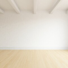 Minimalist empty room interior with vases on a wooden floor, decor on a large wall, white landscape in window. Background interior. Home nordic interior. 3D illustration