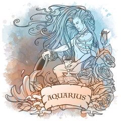 Zodiac sign of Aquarius, element of Air. Intricate linear drawing isolated on white background. Soft pastel celestial palette. A4 vertical format. EPS10 vector illustration.
