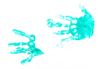 multicolored prints of children's hands on white background. Abstract painted background. Children's art and painting.