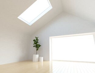 Minimalist empty room interior with vases on a wooden floor, decor on a large wall, white landscape in window. Background interior. Home nordic interior. 3D illustration