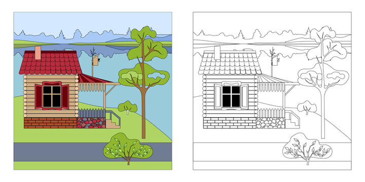 Children's coloring book with an example. Vector image of a cartoon landscape wooden house, tree, river, sky. Tiled roof, porch and porch window, shutters. On the roof of the house is a birdhouse.