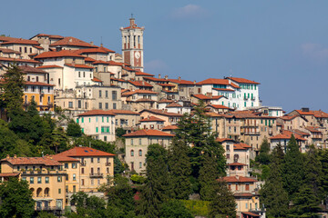 Fototapeta premium Sacro Monte (VA), Italy - June 01, 2020: Pilgrimage village of Santa Maria del Monte on Sacro Monte di Varese, UNESCO World Cultural Heritage Site, Santa Maria del Monte, Varese, Lombardy, Italy