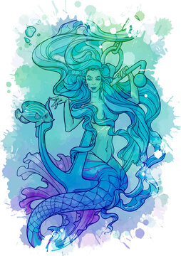 Beautiful mermaid with long wavy hair sitting on anchor. Intricate line drawing on watercolor textured background. EPS10 vector illustration