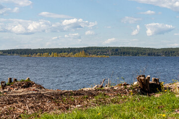 Fototapeta na wymiar Spring landscape with lake Onega. focus on the background