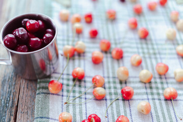 Cherries in a steel mug on a fabric background