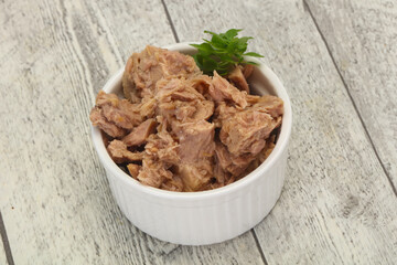Canned tuna fish in the bowl