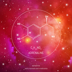 Adrenaline hormone molecule and formula in front of cosmis background. Brain chemistry infographic. © VeronikaBy