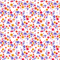Floral pattern. Pretty flowers on white background. Printing with small red and yellow flowers. Ditsy print. Seamless vector texture. Spring bouquet.