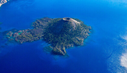 Aerial view of Wizard Island in Crater Lake National Park © Evan