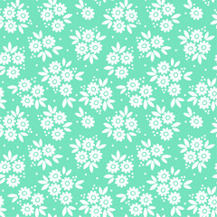 Floral pattern. Pretty flowers on light blue background. Printing with small white flowers. Ditsy print. Seamless vector texture. Spring bouquet.