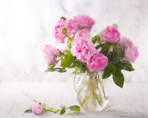 Bouquet of fresh beautiful pink roses on a blurred background