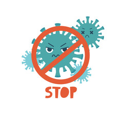 Red sign caution coronavirus. Cartoon style. Flat design. Vector illustration.