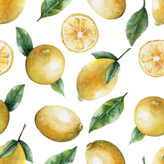 Watercolor seamless pattern with lemons and leaves.