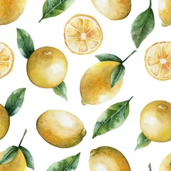 Papier peint Citrons Modèle sans couture aquarelle avec des citrons et des feuilles.