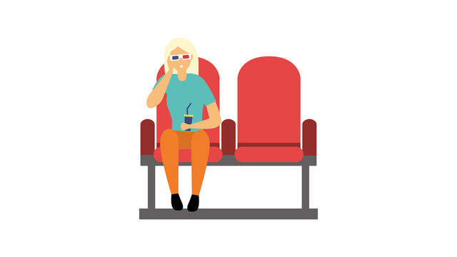 A woman is sitting in a movie theater. The viewer in 3D glasses is watching a movie. Flat style. Vector illustration

