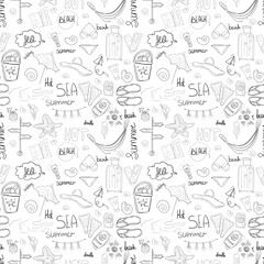 Seamless pattern of hand drawn doodle travel icon elements. Fresh sketch elements of beach and summer holiday background design. Vector illustration for fabric, textile, wrapping paper ets