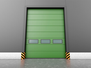 Big green warehouse industrial door with three windows on black metallic wall building, 3D render