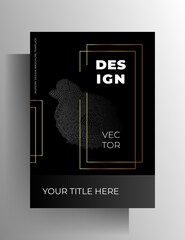 Cover template design for book, magazine, booklet, catalog, poster. Hand-drawn graphic elements and gold frames on a black background. Vector 10 EPS.