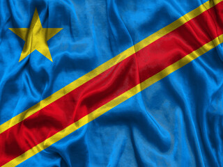 Democratic Republic of the Congo national flag background with fabric texture. Flag of DRC waving in the wind. 3D illustration.