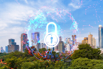 Padlock icon hologram over panorama city view of Bangkok to protect business in Asia. The concept of information security shields. Double exposure.