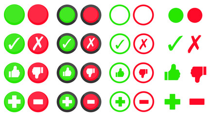 On and off button icon set. Like and dislike button icon set.