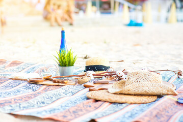 Beautiful summer picnic on the beach at sunset in zero waste style. Eco friendly idea for weekend...