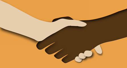 Black and white hand in paper art style. Tolerance. handshaking come together the way to success. Vector illustration paper cut style