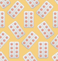 Blisters with round red pills seamless pattern on yellow background