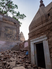 Demolished buildings to bring out small temples, as part of the newly planned Kashi-Vishwanath Corridor, leading from the temple to the Ganges River. Varanasi, India.