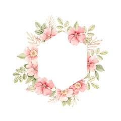 Watercolor botanical illustration. Pink dog-rose blossom. Vector bouquet with gentle rose, bud, branches and green leaves. Perfect for wedding invitations, cards, frames, posters, packing.