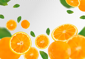 Orange background. Flying orange with green leaf on transparent background. 3D realistic fruits. Orange falling from different angles. Motion orange fruits are whole and cut in half.Vector