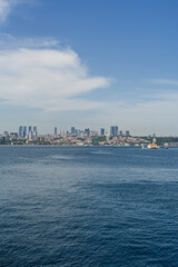 Naklejka premium panorama of european part of Istanbul city at background, Besiktas area. View from ferry