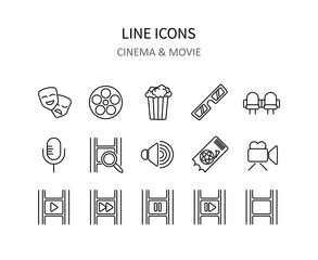 Cinema icons. Movie symbols for apps or web sites. Vector