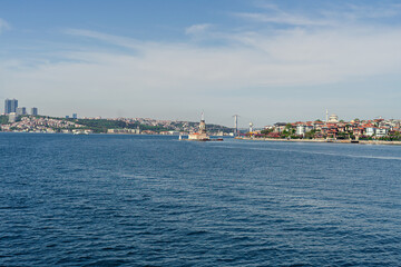 Maidens tower and Bosphorus bridge panorama of Istanbul city connecting europe and asia