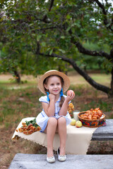 Little girl with two pigtails gathering apple in green grass background. Child Girl with red apple in summer orchard. Smiling child on picnic holding an apple in garden. Emotional portrait of child.